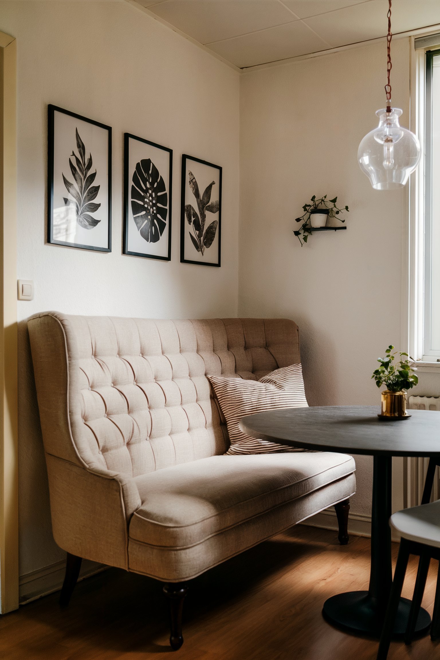 Beige tufted high-back banquette seating with a black round table in a minimalist dining nook with plant artwork