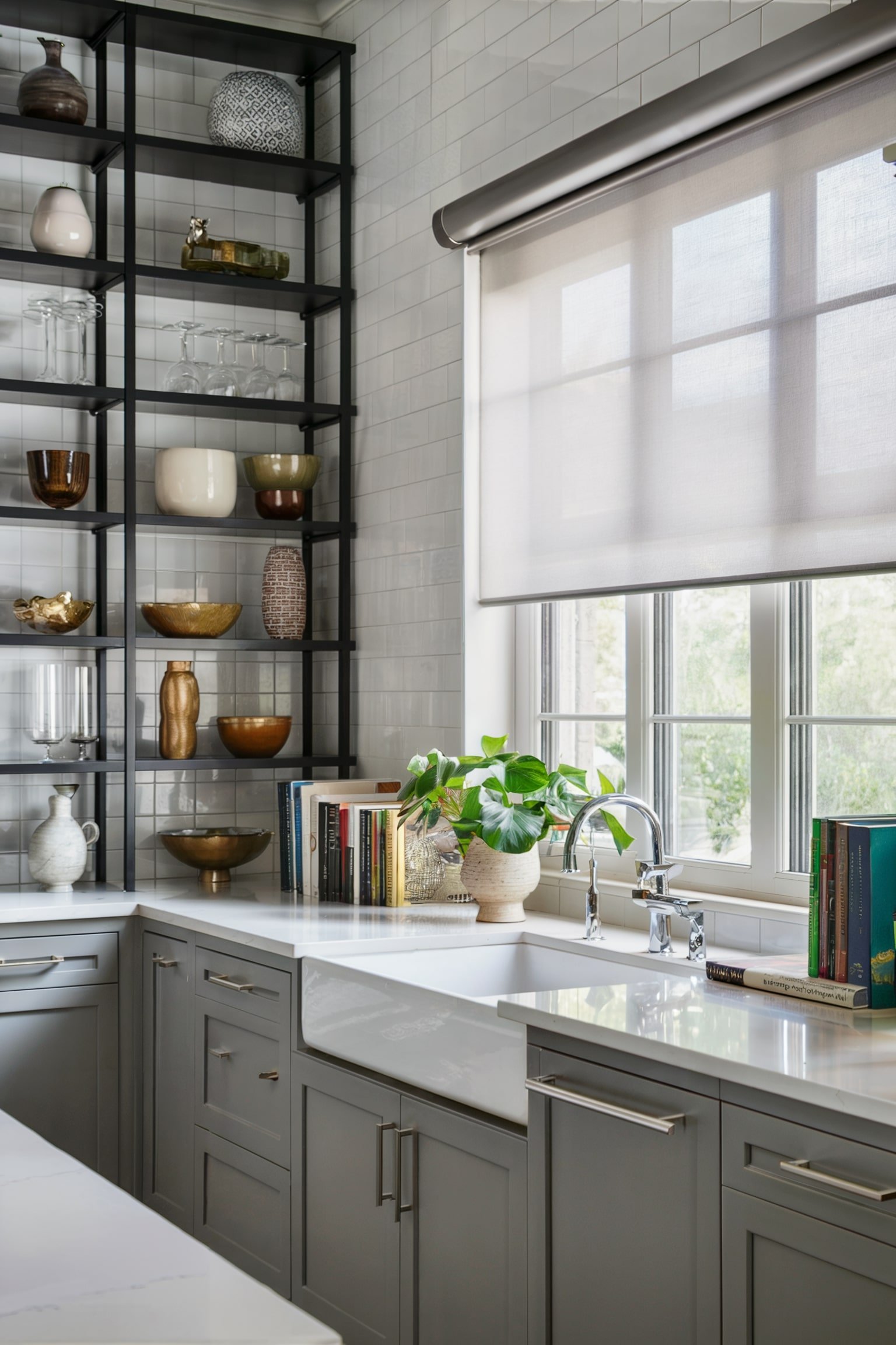 Gray kitchen with open shelves, roller shade, and sink under a window