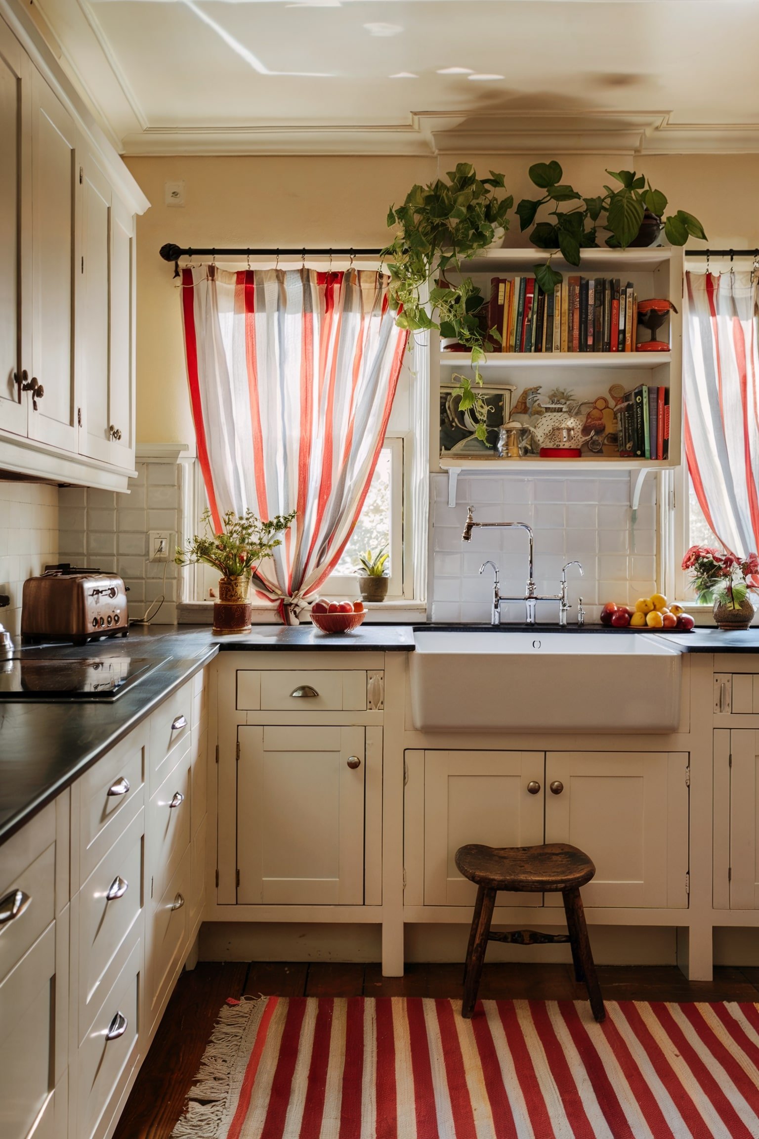 Cozy kitchen with striped curtains and a farmhouse sink