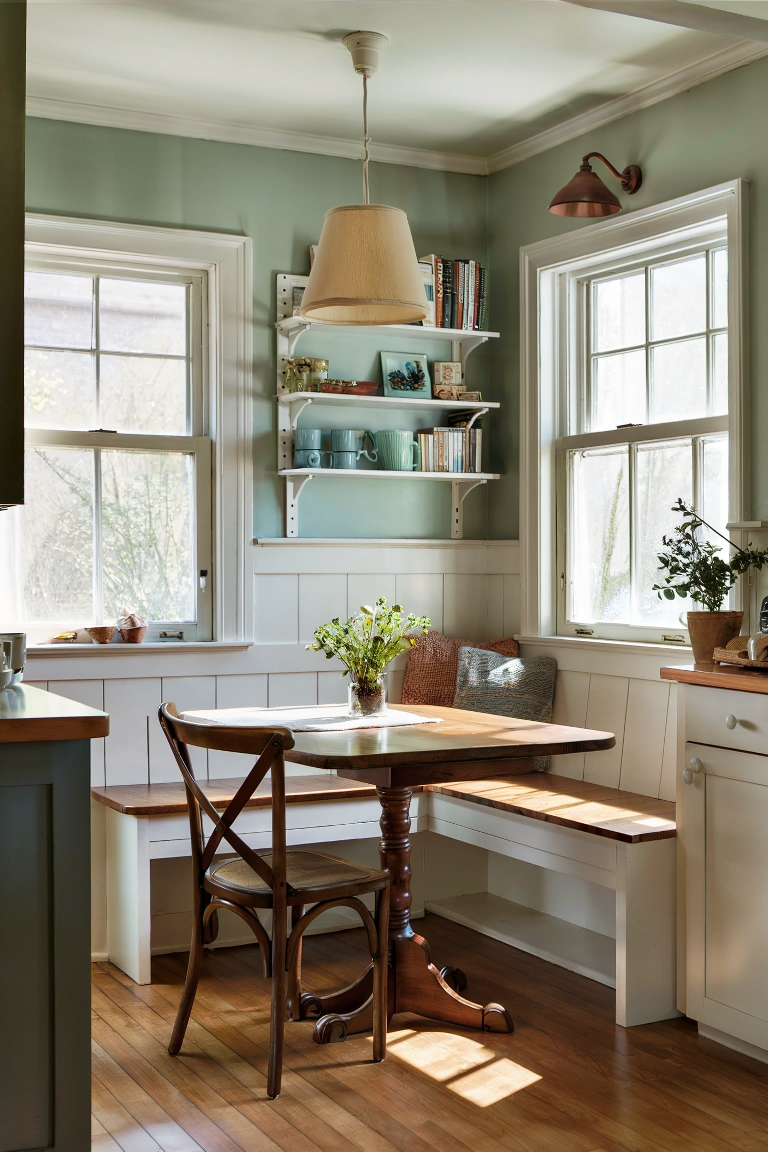 L-shaped bench in a cozy kitchen corner with a wooden table and chair