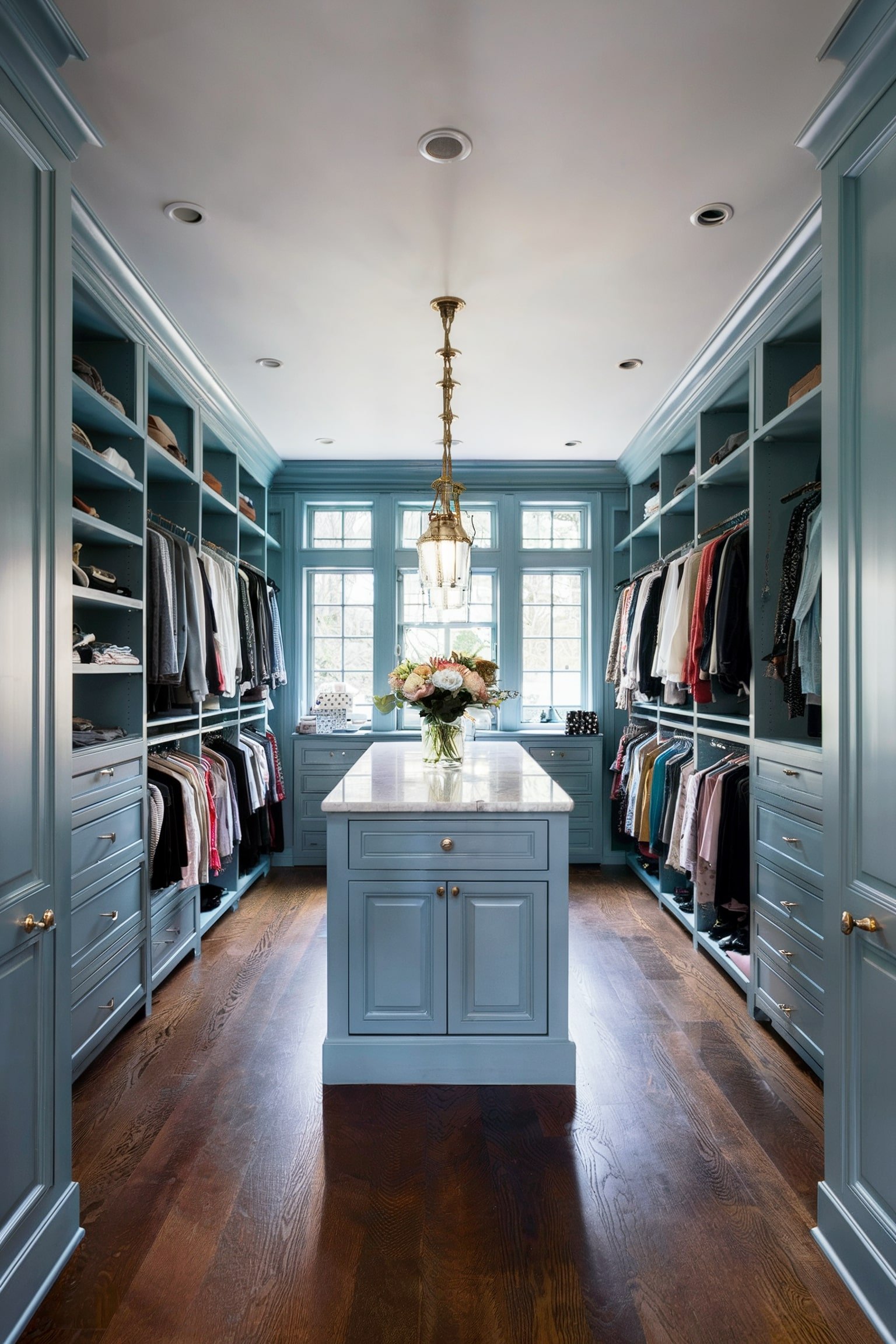 Blue walk-in closet with built-in shelves, a center island, and a large chandelier hanging above