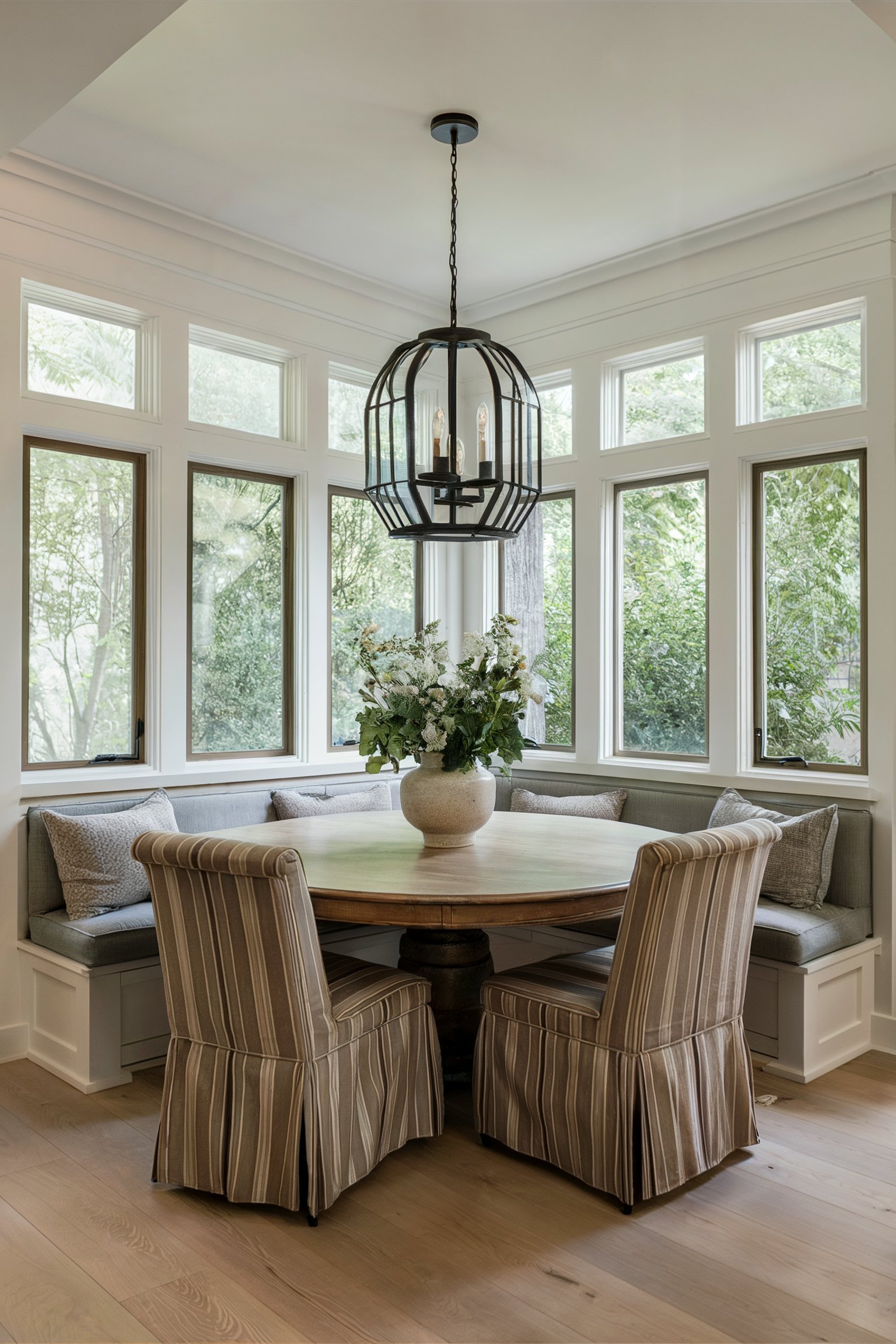 Traditional banquette seating with striped cushions surrounding a round wooden table under a large pendant light in a bay window area
