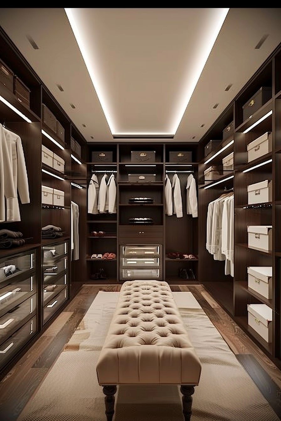 Dark wood walk-in closet with built-in drawers, shelves, and a tufted bench in the center