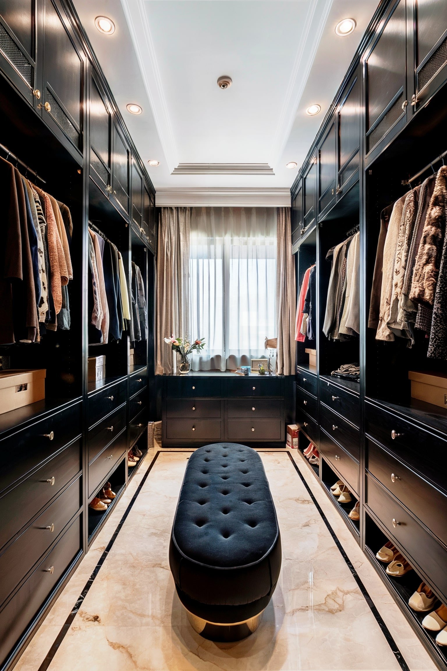 Black walk-in closet with built-in cabinets, a tufted bench, and a window at the far end