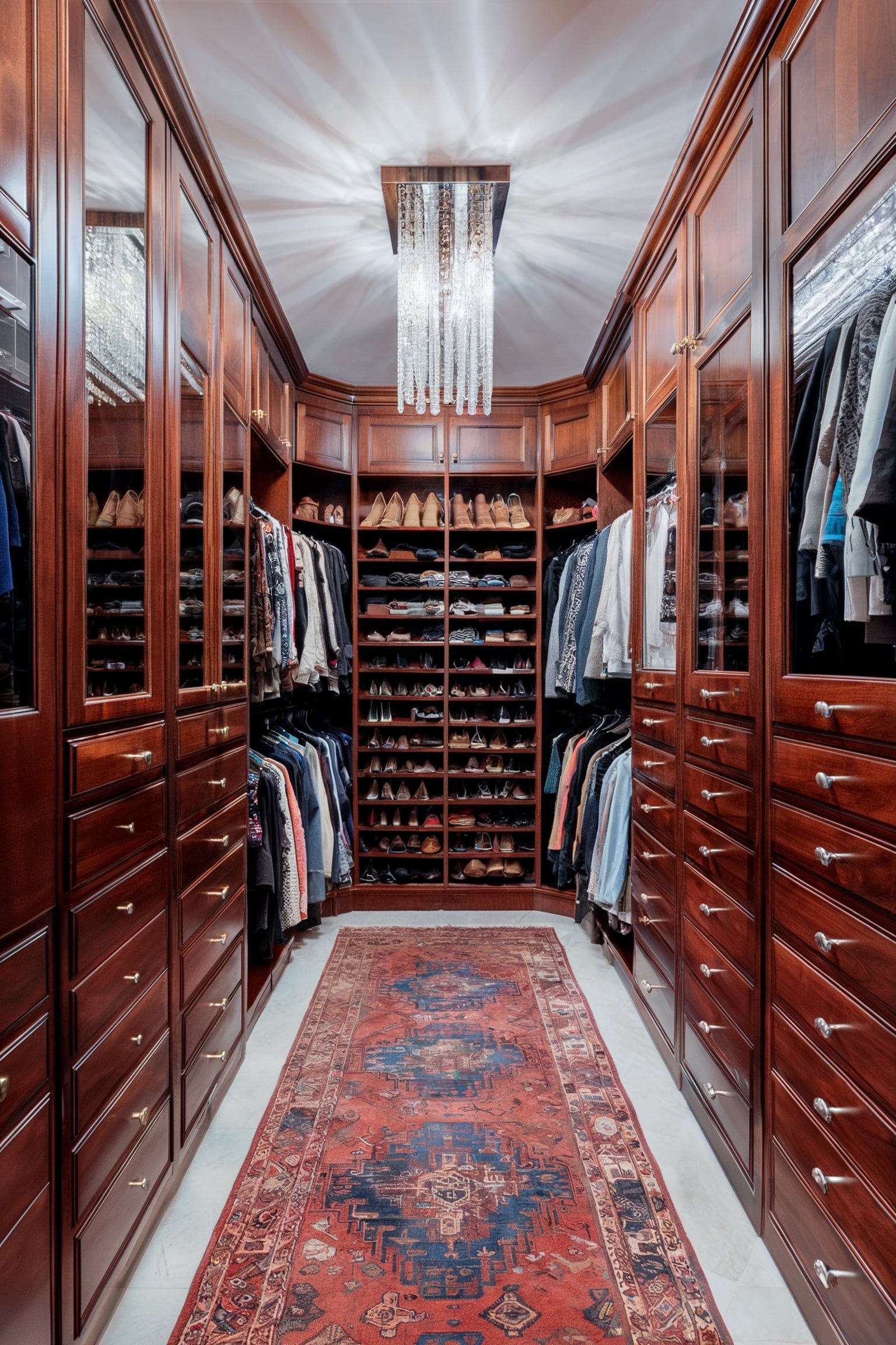 A rich, wood-toned walk-in closet with glass-paneled wardrobes, a chandelier, and an oriental rug