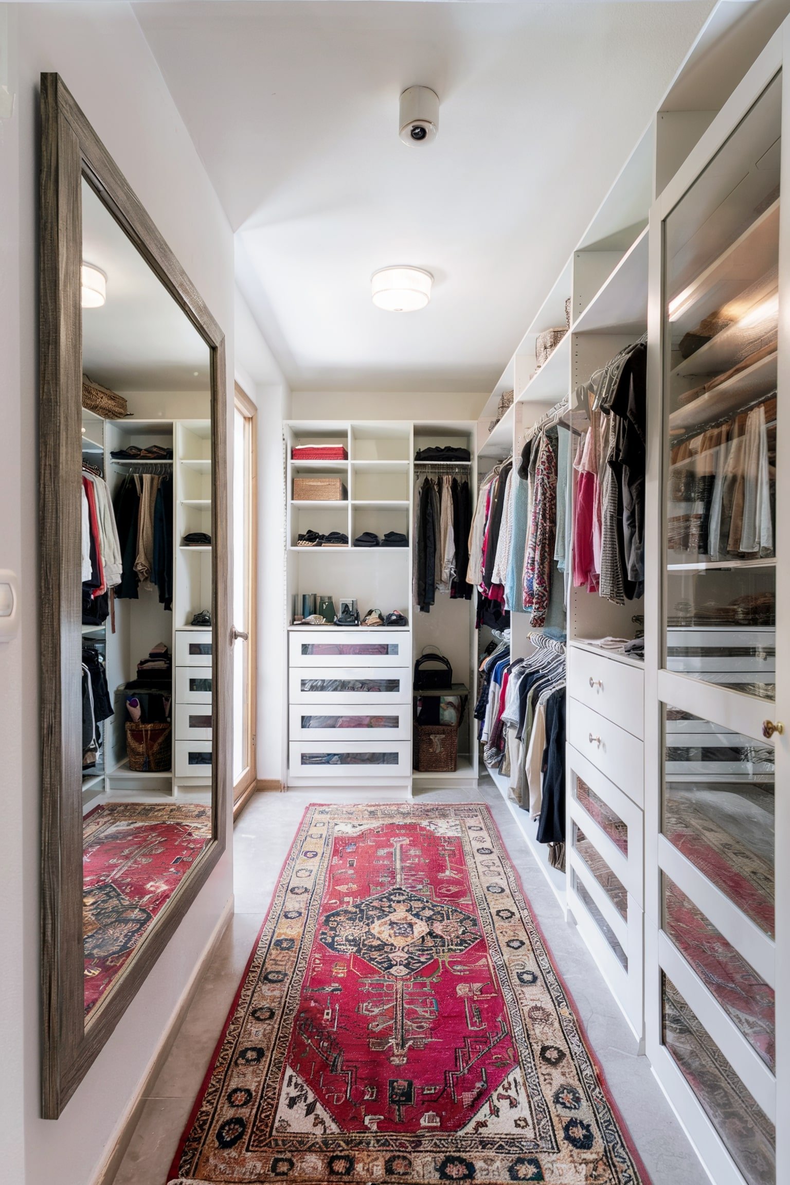 Bright closet with white shelves, large mirror, and red rug