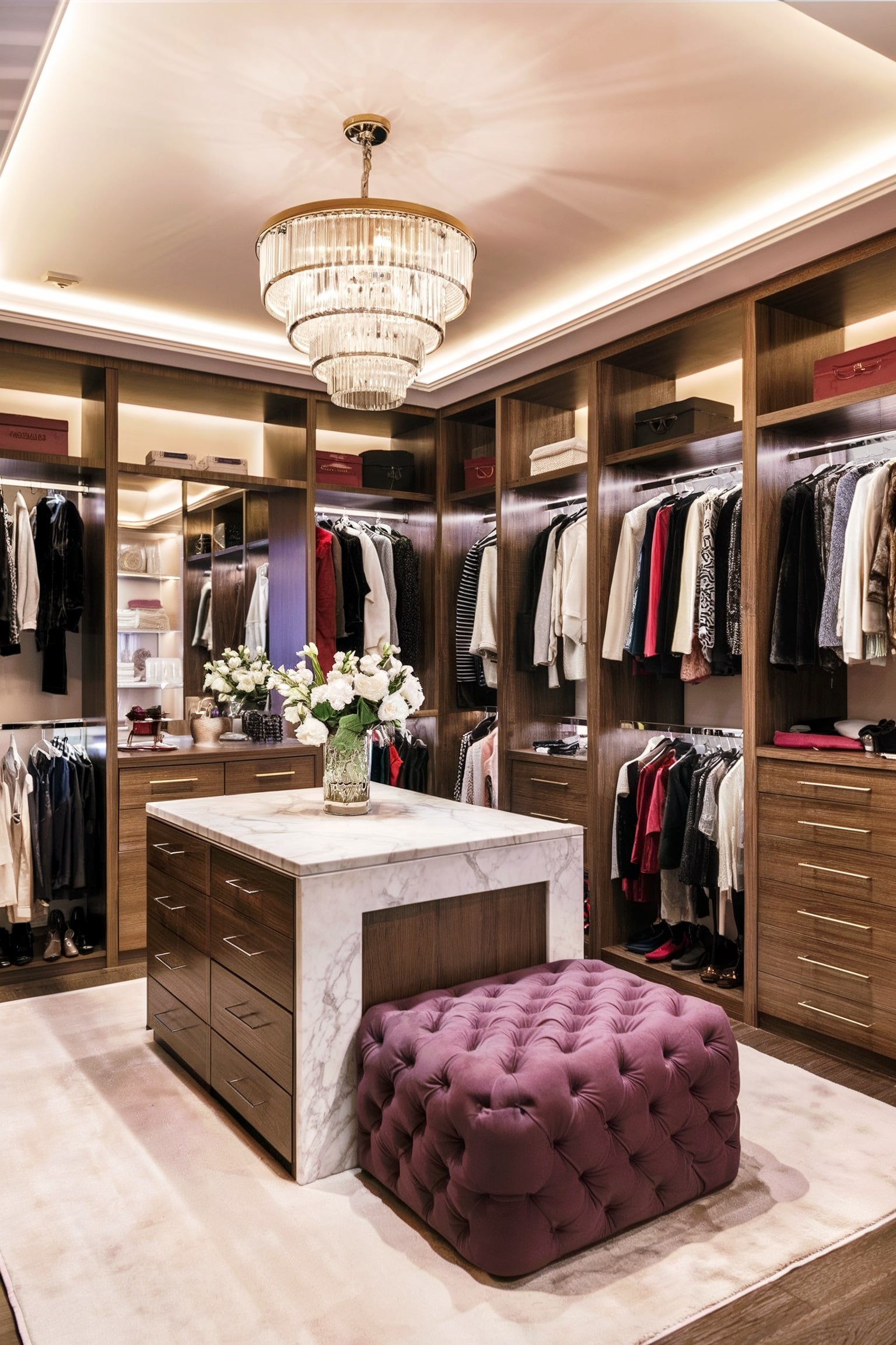 Luxury closet with marble island, purple ottoman, and chandelier