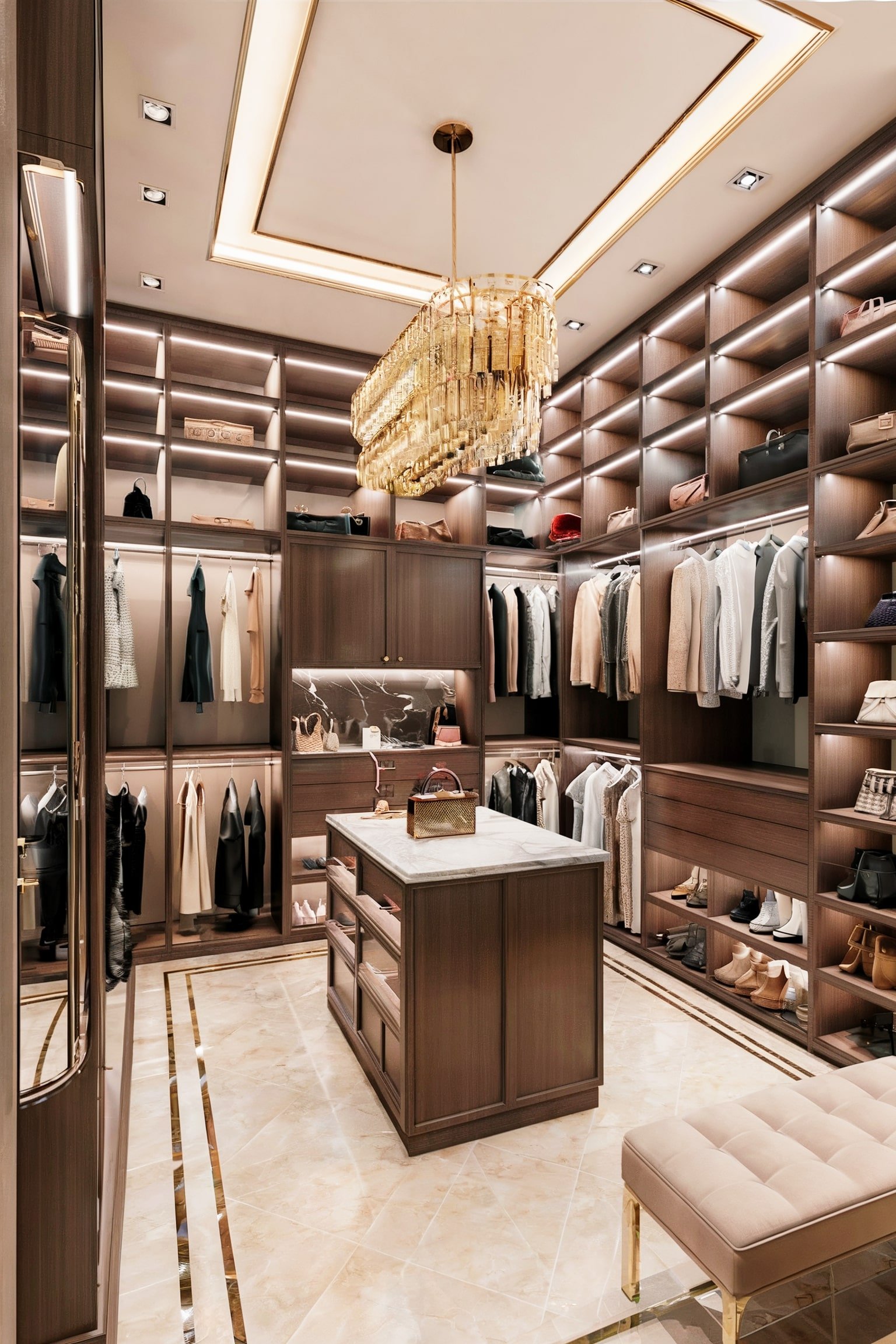 Walk-in closet with chandelier, island, and wood-tone shelves