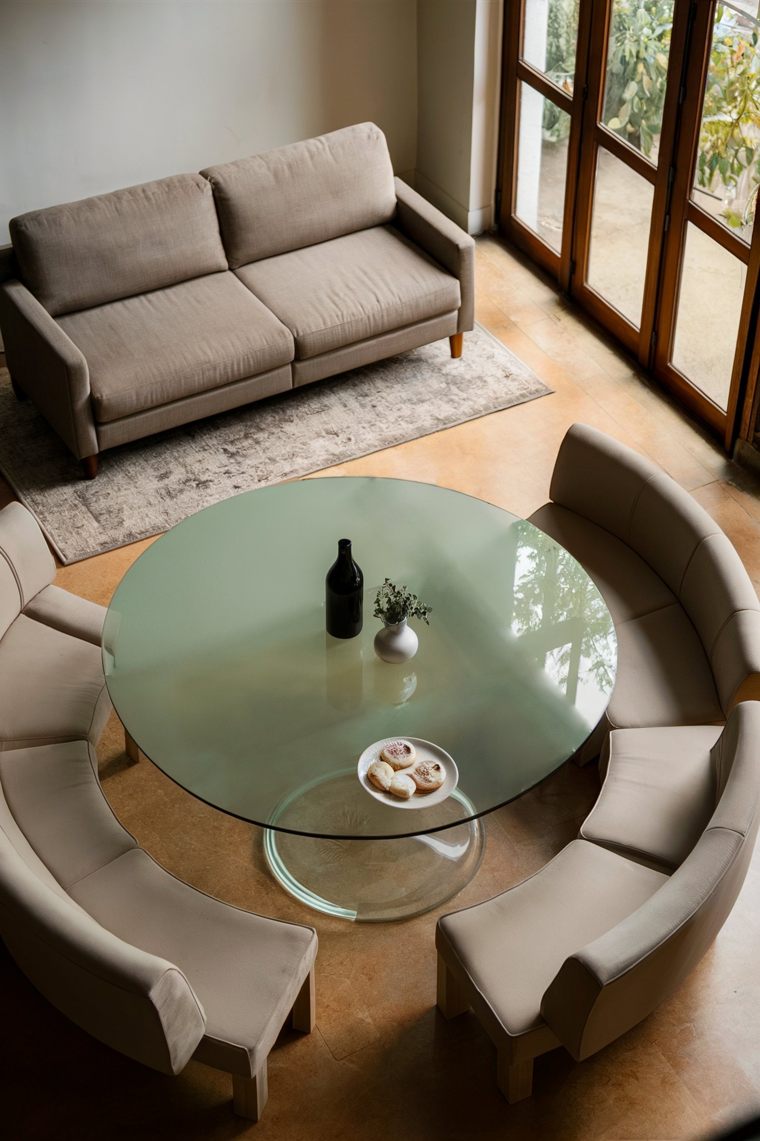 Modern glass round table with curved beige seating and a matching couch in a sleek open space