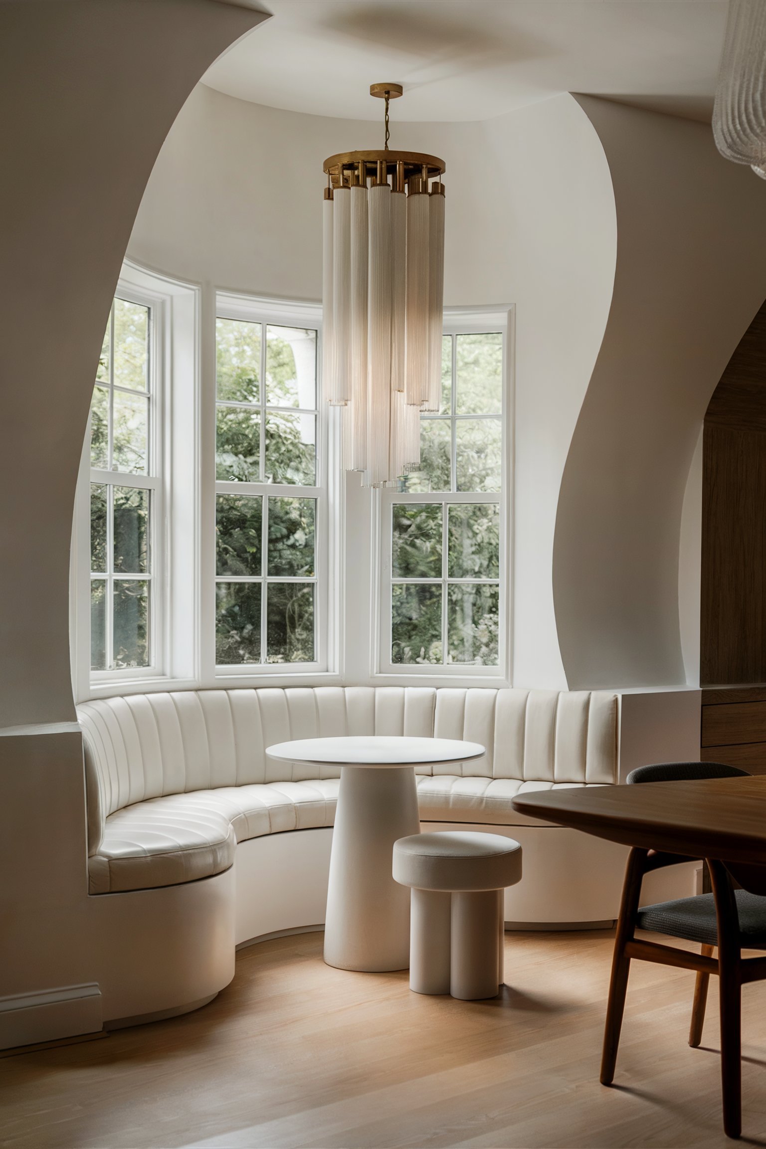 Elegant curved white banquette seating in a modern nook with a pendant chandelier