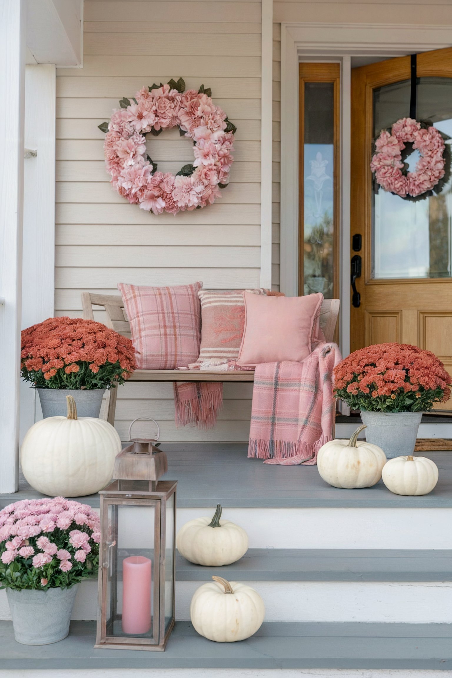 A pink-themed fall front porch with matching wreaths, plaid pillows, pink mums, white pumpkins, and lanterns with candles