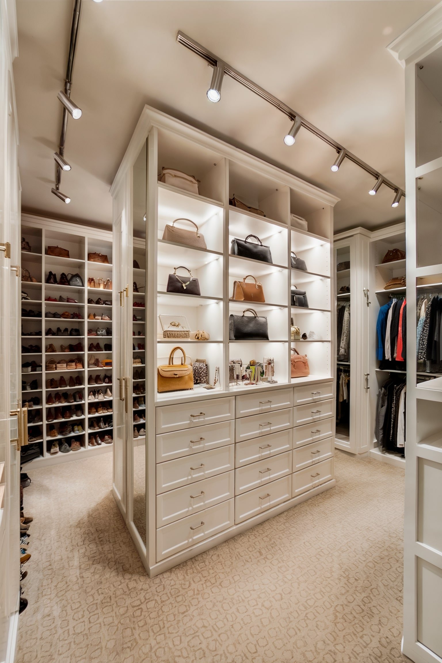 Spacious walk-in closet with open shelves for handbags and shoes, surrounded by track lighting