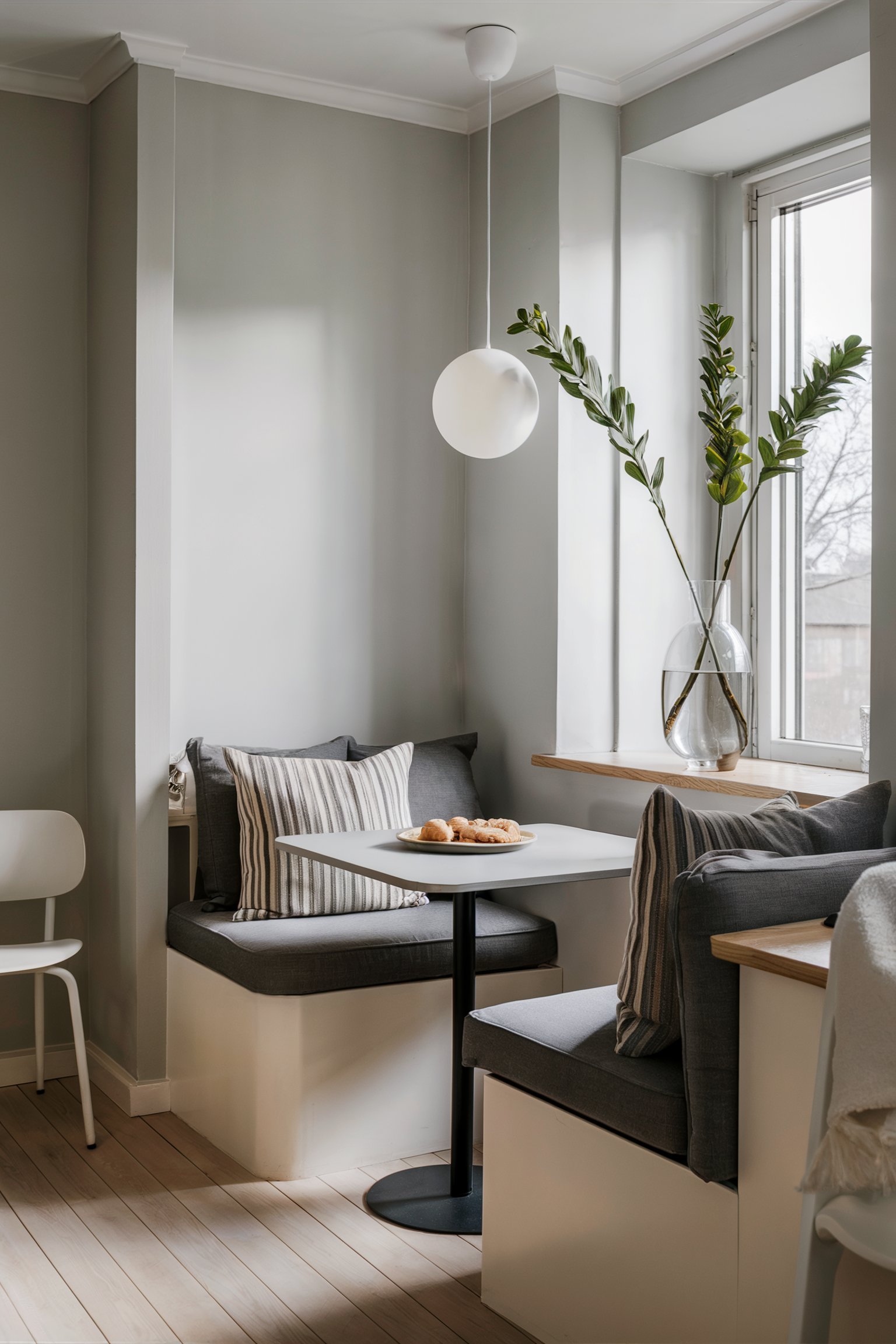 Simple gray and white banquette seating in a minimalist corner with a round table