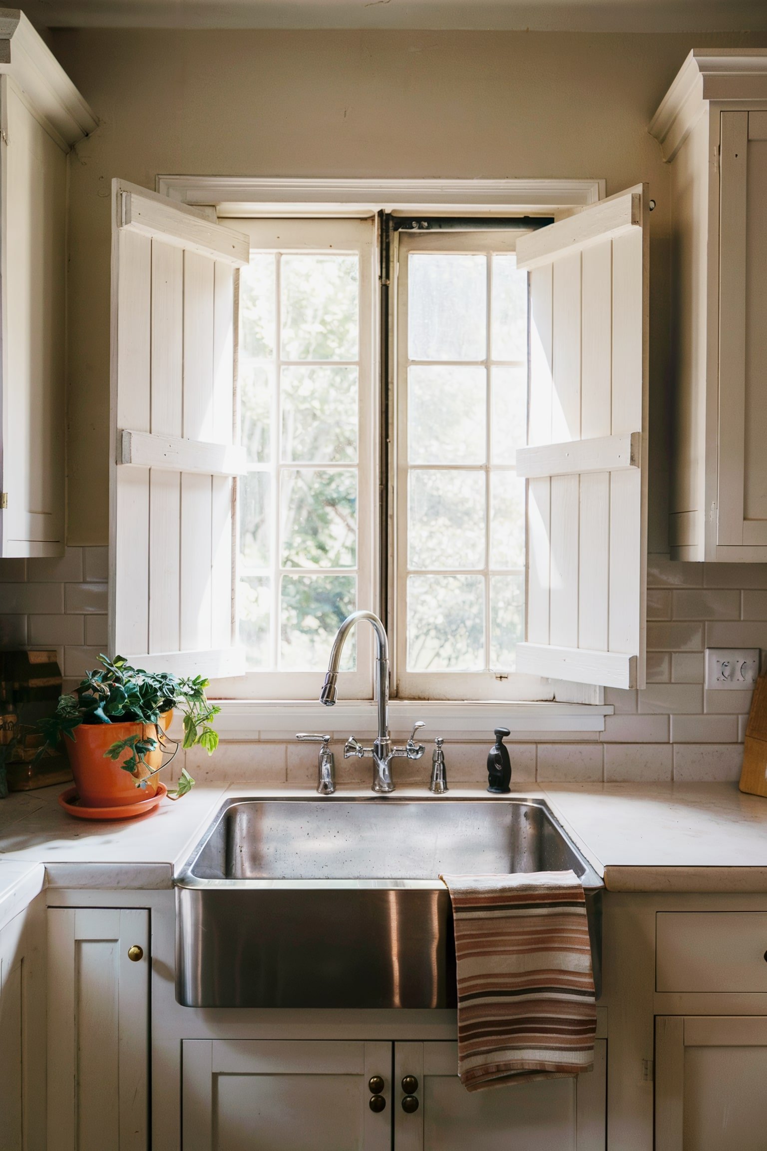 Kitchen sink with open shutters and a potted plant on the counter