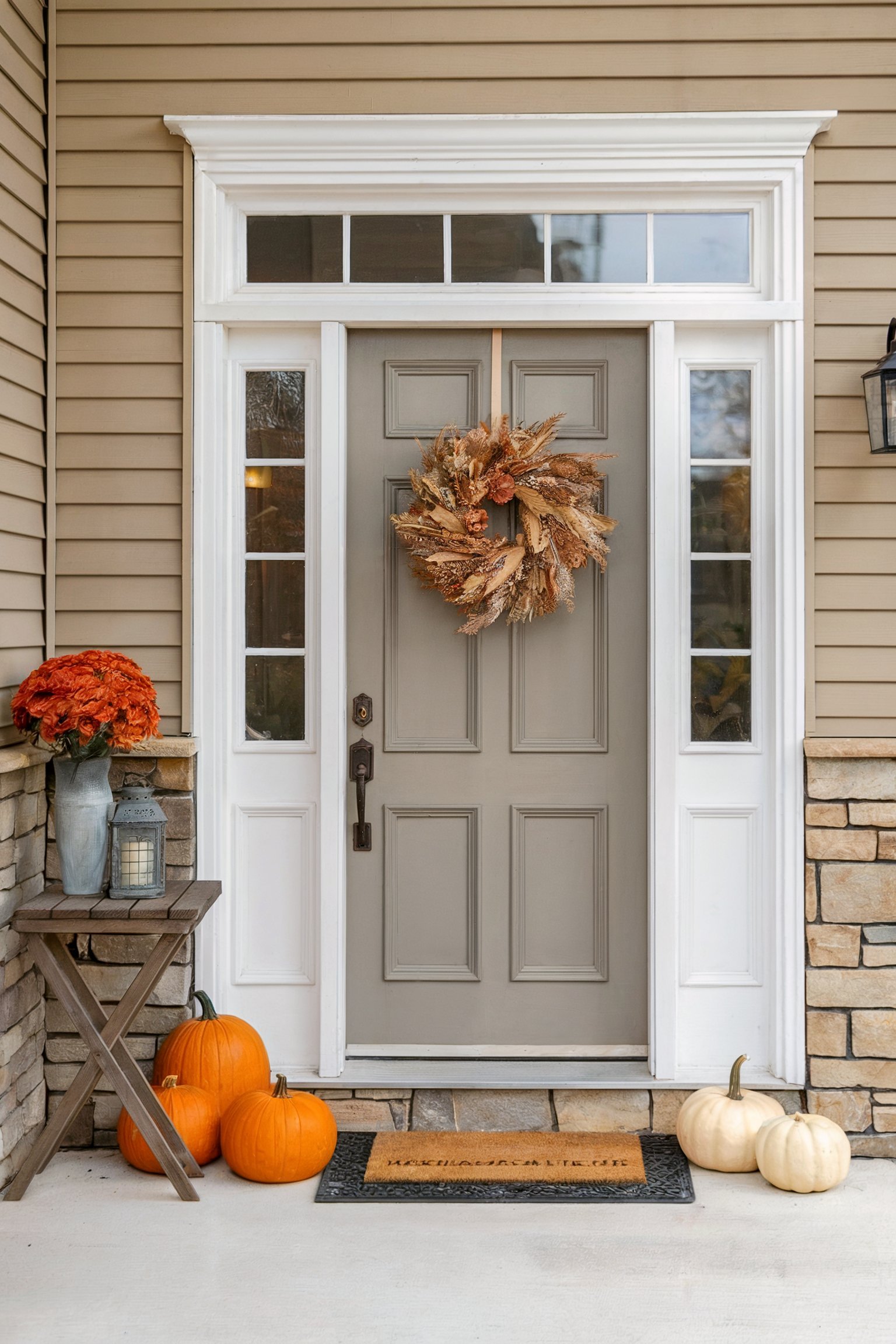 A neutral-colored front porch decorated with orange and white pumpkins, a wheat wreath, and potted orange mums next to a gray door