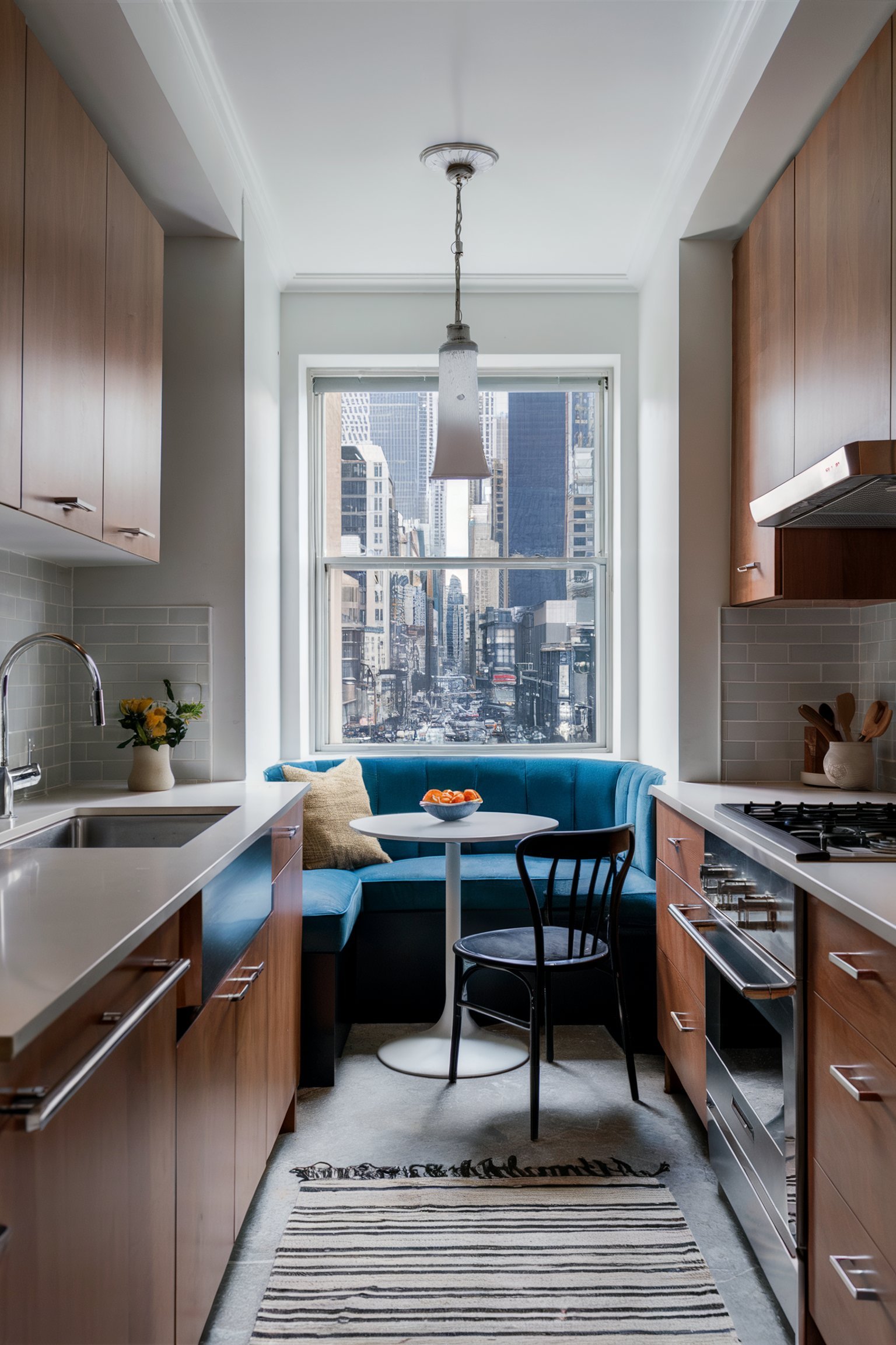 Narrow kitchen featuring a blue banquette by the window with a round table overlooking a cityscape