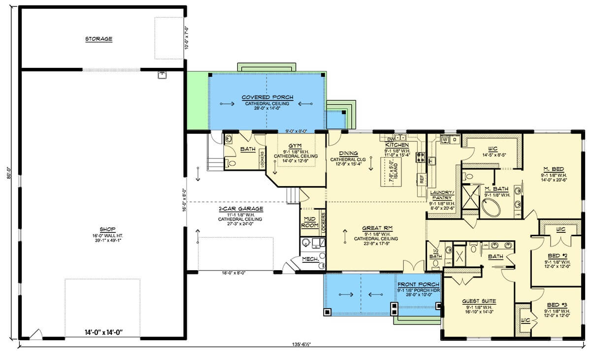 Main level floor plan of a 4-bedroom barndominium with great room, dining area, kitchen, four bedrooms, laundry, gym, and mudroom leading to the garage.