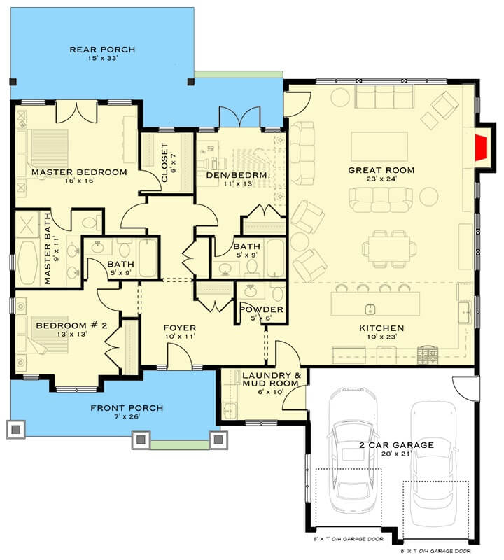 Main level floor plan of a 2-bedroom craftsman home with foyer, great room, dining area, kitchen, three bedrooms, and laundry/mudroom leading to the garage.