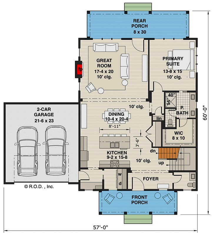 Main level floor plan of a 3-bedroom country farmhouse with foyer, kitchen, dining area, great room, primary suite, and mudroom leading to the garage.