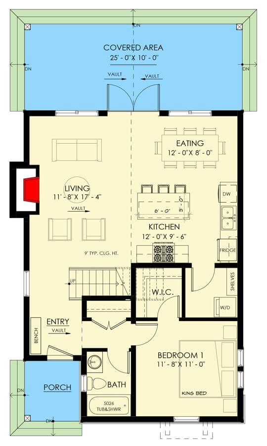 Main level floor plan of a 3-bedroom mountain style two-story cottage with foyer, living room, kitchen, dining area, bedroom, and laundry room.