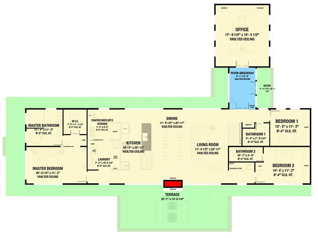 Main level floor plan of a 3-bedroom Scandinavian home with living room, dining area, and kitchen, three bedrooms, office, and a wraparound terrace.
