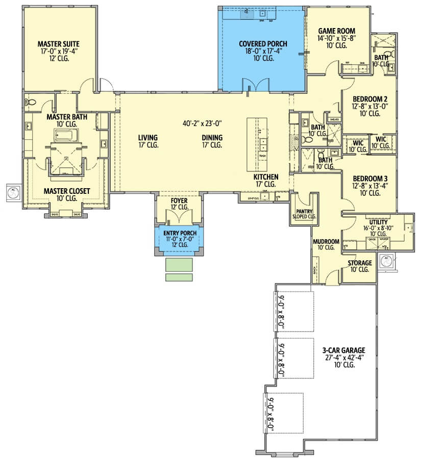 Main level floor plan of a 3-bedroom Hill country home with foyer, living room, dining area, kitchen, three bedrooms, game room, and mudroom leading to the garage.