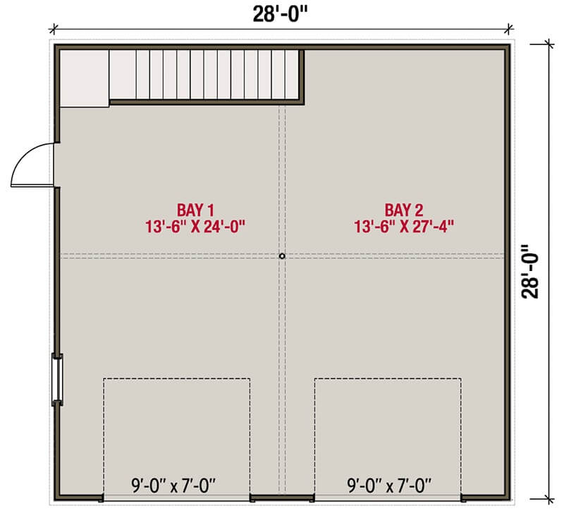 Main level floor plan of a 1-bedroom ADU carriage home with 2-car garage.