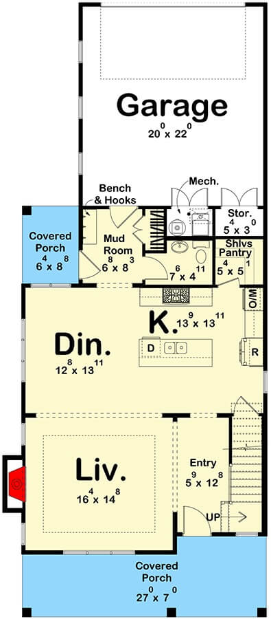 Main level floor plan of a country style 3-bedroom farmhouse with foyer, living room, dining area, kitchen, and mudroom leading to the rear garage.