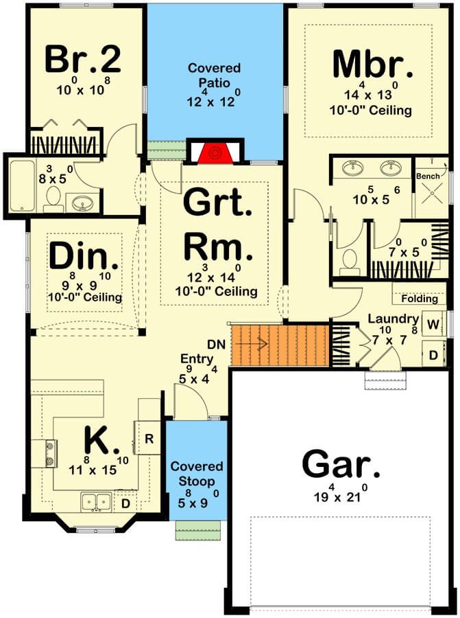 Main level floor plan of a 2-bedroom traditional home with foyer, great room, kitchen, dining area, two bedrooms, and laundry leading to the garage.