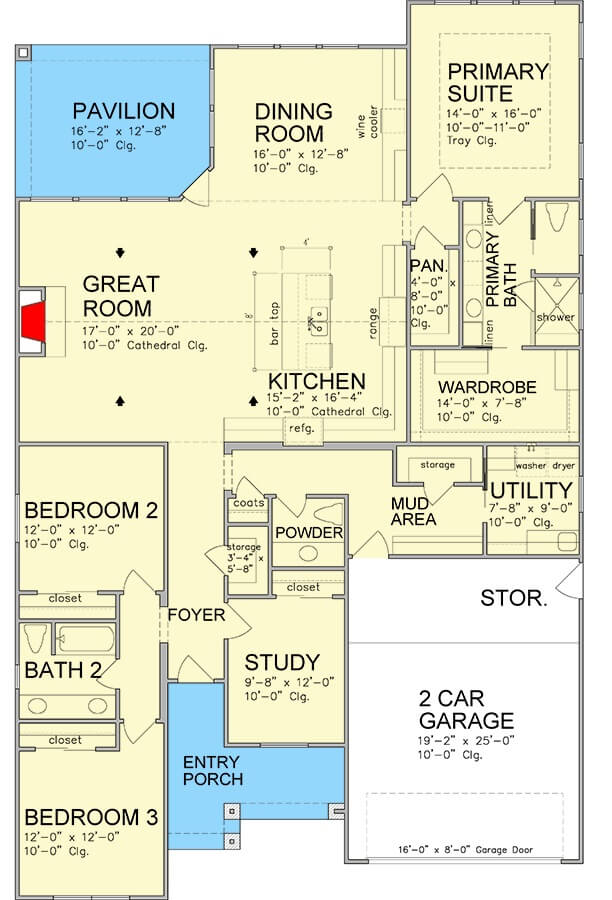 Main level floor plan of a craftsman style 3-bedroom ranch with foyer, great room, kitchen, dining area, three bedrooms, study, utility, and mud area leading to the garage.