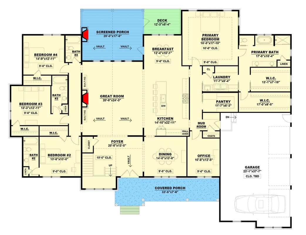 Main level floor plan of a traditional style 5-bedroom home with foyer, great room, kitchen, dining room, breakfast nook, four bedrooms, office, and mudroom leading to the garage.