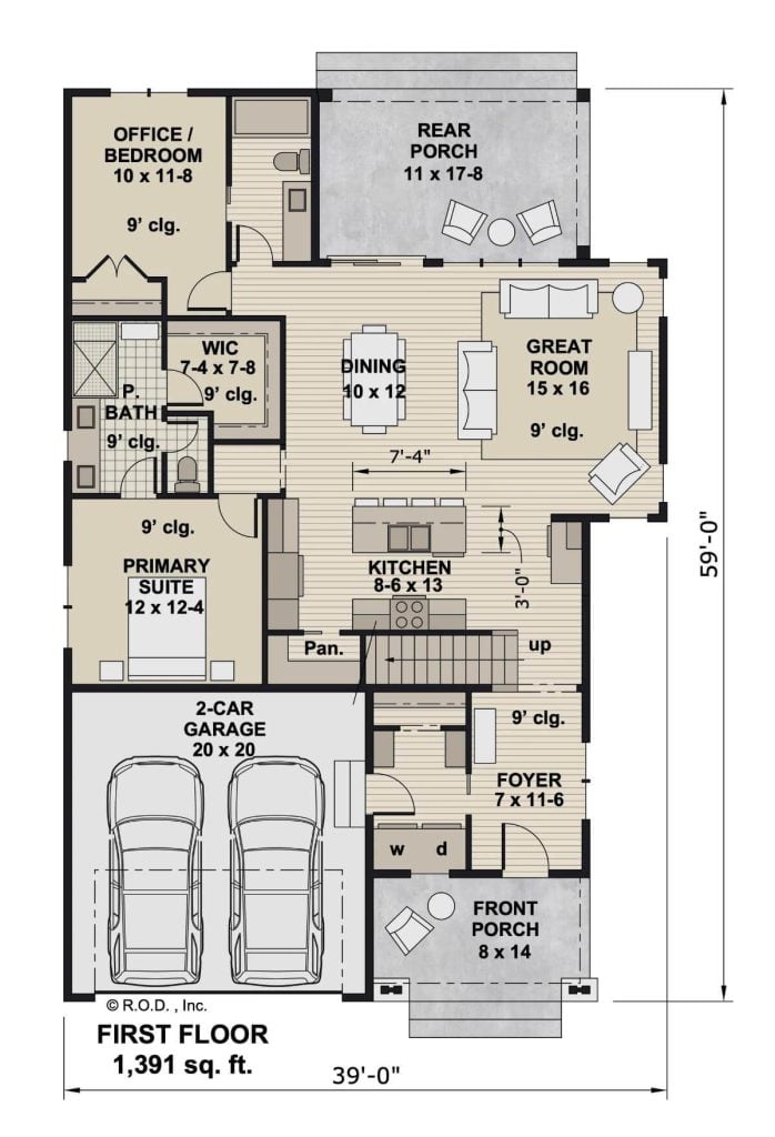 Main level floor plan of a 4-bedroom Ridgeway bungalow with foyer, kitchen, dining area, great room, two bedrooms, double garage.