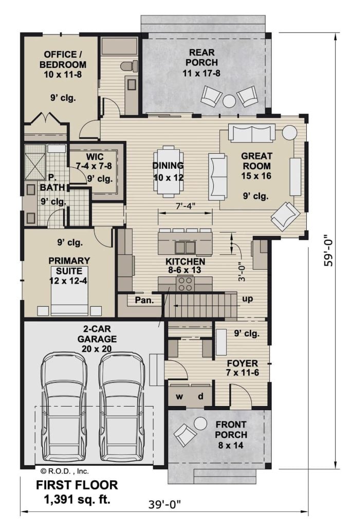 Main level floor plan of a 4-bedroom craftsman style Gainesville home with foyer, kitchen, great room, dining room, primary suite, office/bedroom, and mudroom leading to the garage.