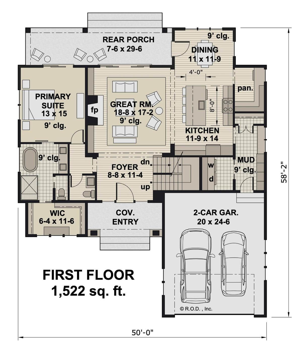 Main level floor plan of a craftsman style 3-bedroom Conway home with foyer, great room, dining room, kitchen, primary suite, laundry, and mudroom leading to the garage.