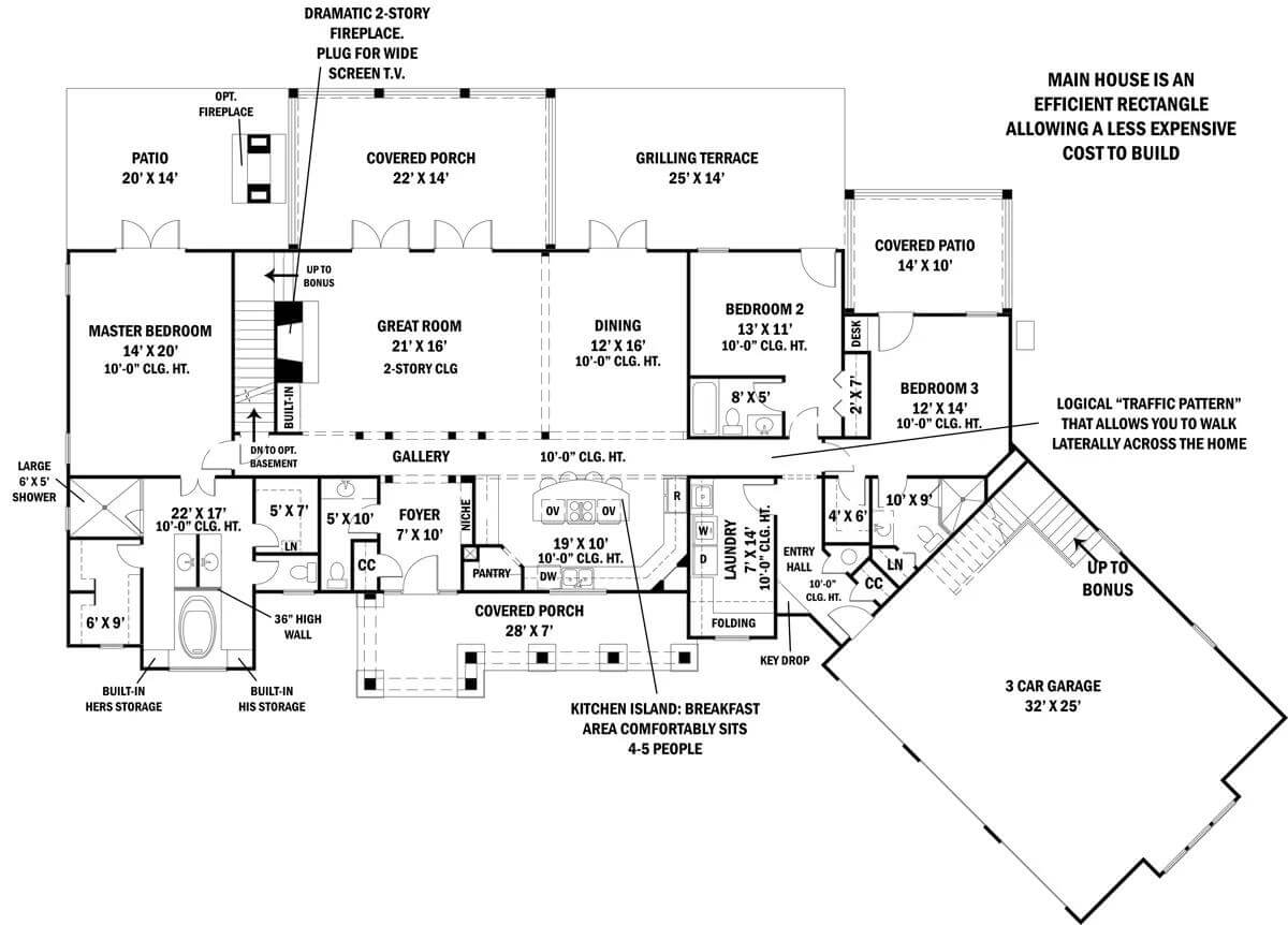 Main level floor plan of the Tres Le Fleur 3-bedroom rustic ranch with foyer, great room, dining room, kitchen, three bedrooms, laundry, and angled garage.