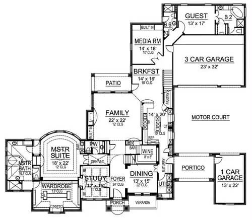 Main level floor plan of a 5-bedroom traditional style Hertfordshire home with foyer, dining room, study, family room, kitchen, breakfast nook, media room, two bedroom suites, media room, and two garages.