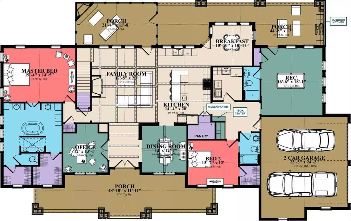 Main level floor plan of the Bobcock 4-bedroom country home with a foyer, family room, kitchen,, dining room, breakfast nook, two bedrooms, rec room, tech center, and double garage.