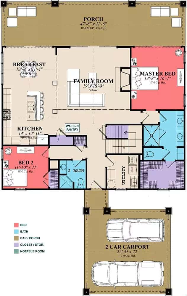 Main level floor plan of a 5-bedroom beach style Camden home with family room, kitchen, breakfast nook, two bedrooms, utility, and double garage.