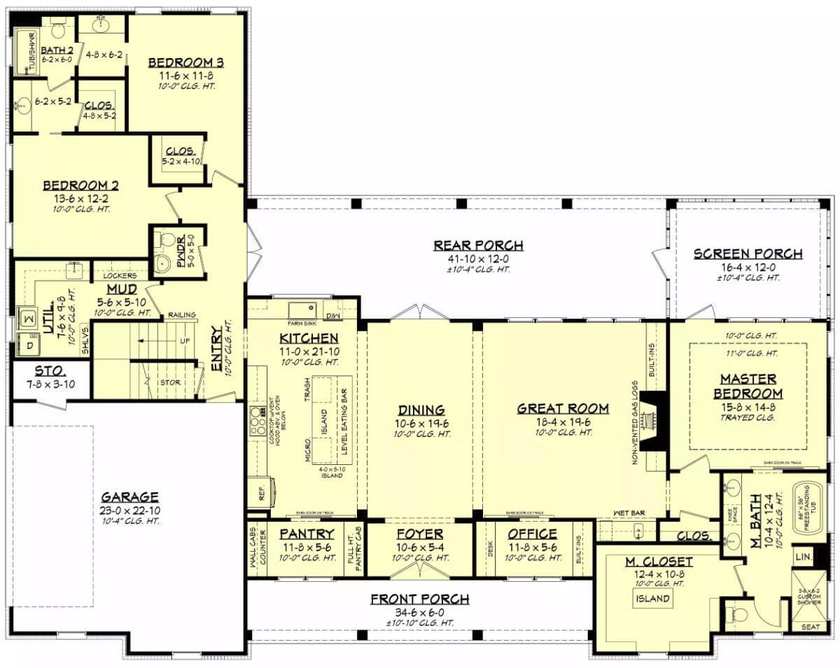 Main level floor plan of the Blue Aster 3-bedroom farmhouse with foyer, great room, dining room, kitchen, three bedrooms, office, utility, mudroom, and double side-loading garage.