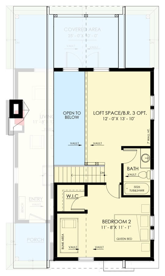Second level floor plan with a bedroom, and a flexible loft space/bedroom.