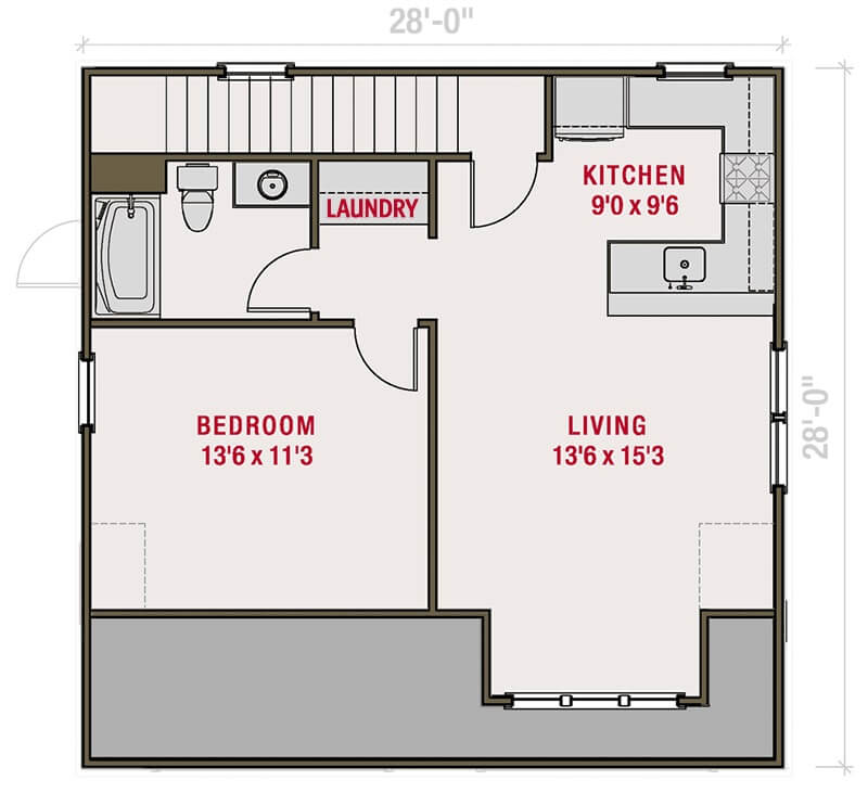 Second level floor plan with living room, kitchen, bedroom, shared bath, and laundry.