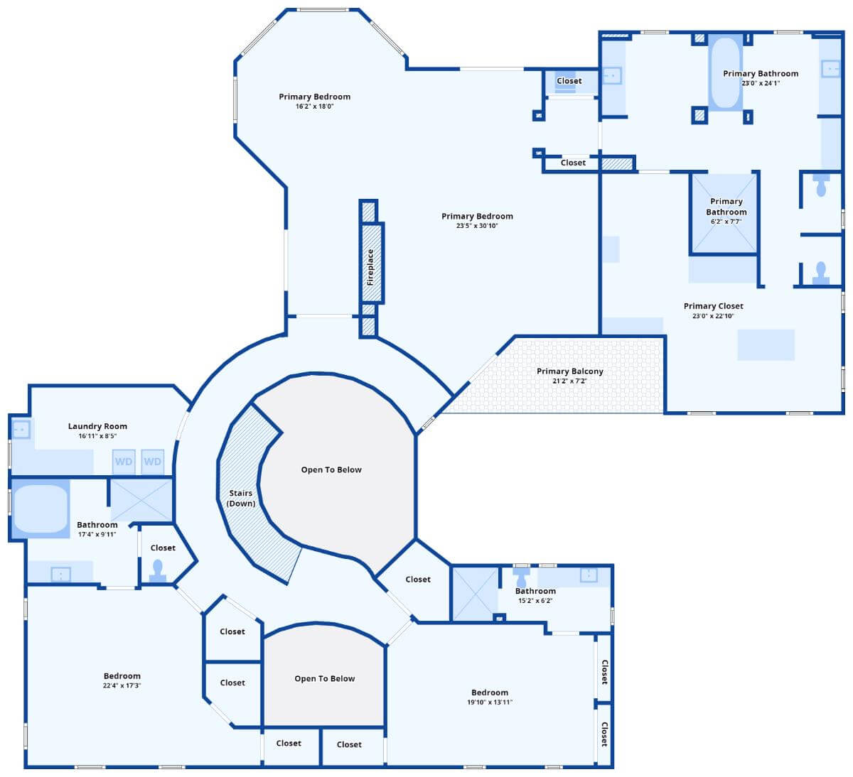 Second level floor plan with three bedrooms and a laundry room.