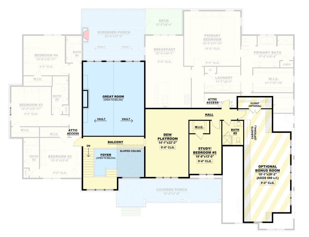 Second level floor plan with a bedroom, a den/playroom, and optional bonus room.
