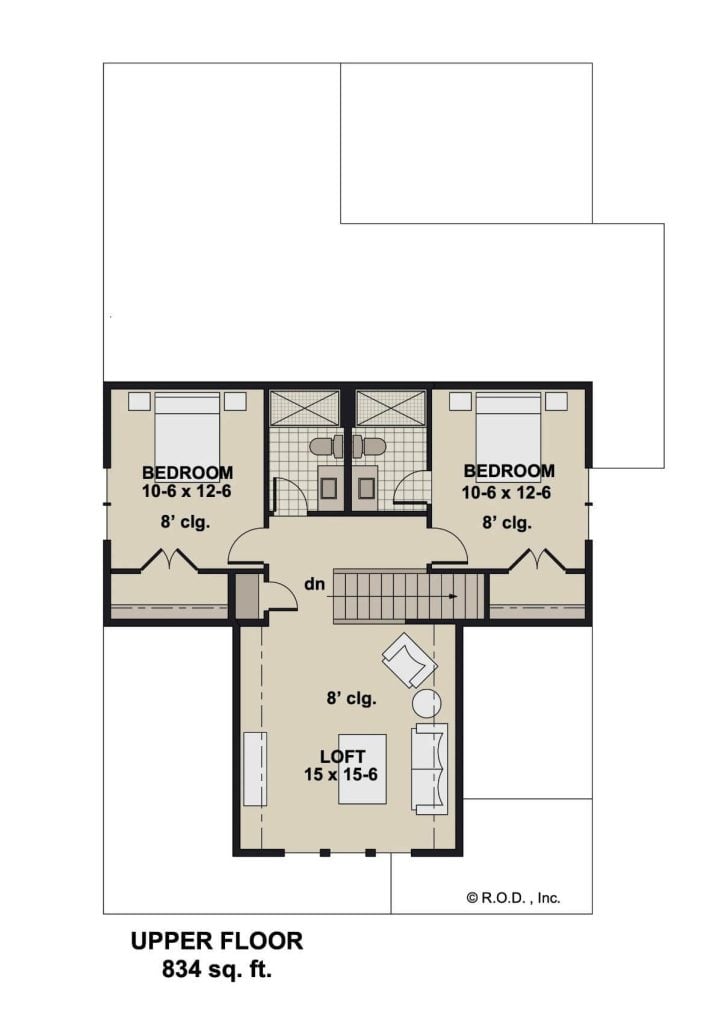 Second level floor plan with two bedrooms, two baths, and a loft.