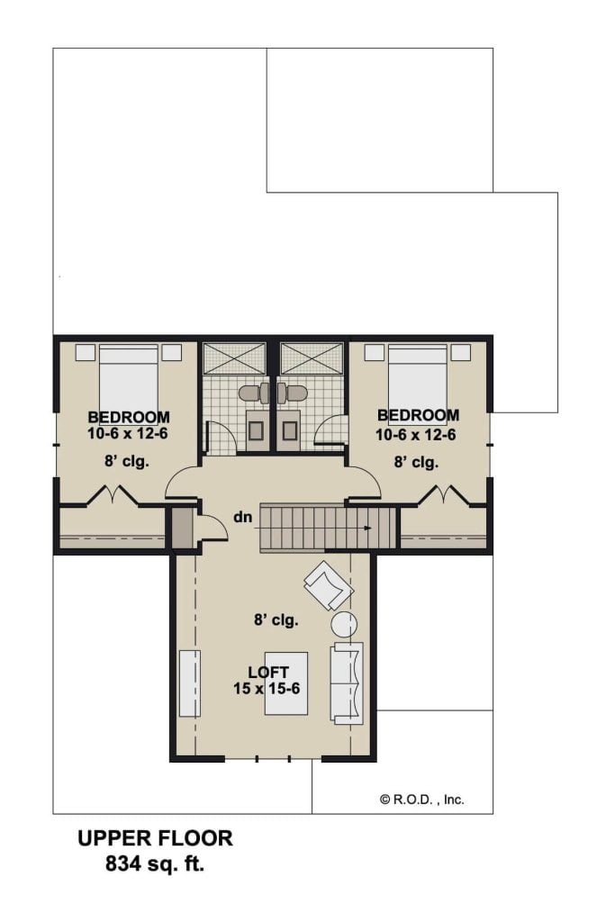 Second level floor plan with two bedrooms and a loft.