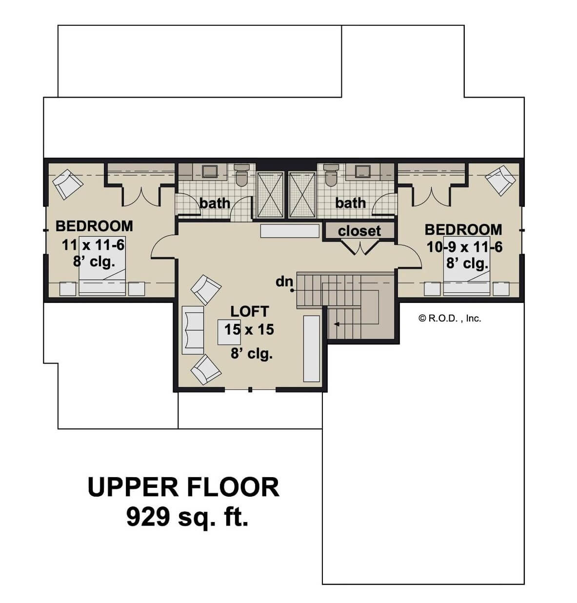 Second level floor plan with two bedrooms and a loft.