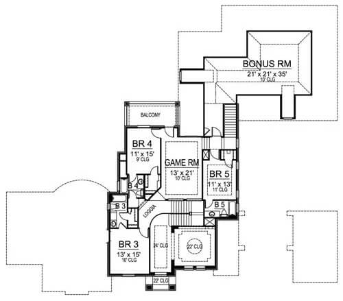 Second level floor plan with three bedrooms, a game room, and a bonus room.