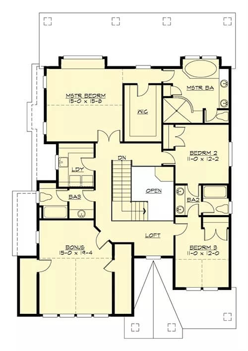 Second level floor plan with three bedrooms, a laundry, a loft, and a bonus room.