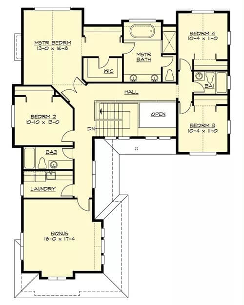 Second level floor plan with four bedrooms, a laundry, and a bonus room.