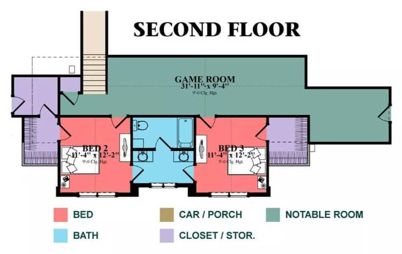 Second level floor plan with a game room, two bedrooms, and a Jack and Jill bathroom.
